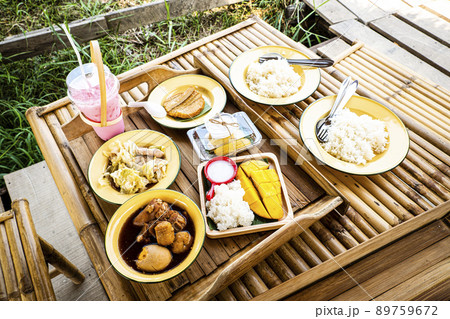 Thai lunch local food object still life. Kai Pa low  Boiled egg and pork  in sweet brown soup 89759672