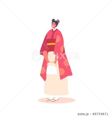 Positive Asian Girl in Festive Kimono. Young Female Character Wear Traditional Clothes Isolated on White Background Positive Asian Girl in Festive Kimono. Young Female Character Wear Traditional Clothes Isolated on White Background 89759871