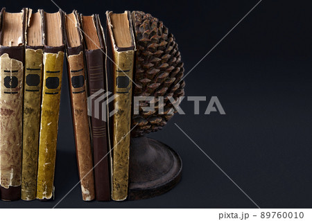 Old dilapidated books stand between holders in the form of spit cones Old dilapidated books stand between holders in the form of spit cones 89760010
