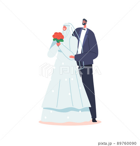 Traditional Muslim Couple Wedding Ceremony, Groom in Suit and Bride in White Dress with Hijab Holding Bouquet 89760090