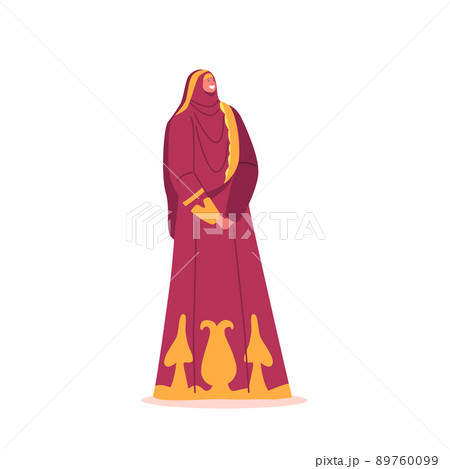 Happy Muslim Bride Character in Long Red and Gold Dress Isolated on White Background. Islamic Wedding Ceremony 89760099