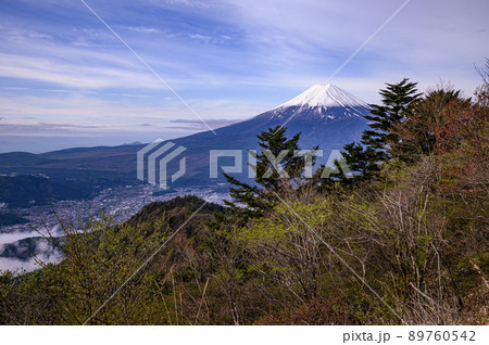 （山梨県）三ッ峠より望む富士山と街並み 89760542