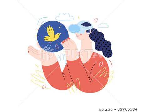 Technology Memphis - virtual reality -modern flat vector concept digital illustration of a woman wearing VR goggles headset touching a simulated bird. Creative landing web page illustration 89760584
