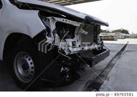 white car get damaged by accident on street. car crash accident. 89763581