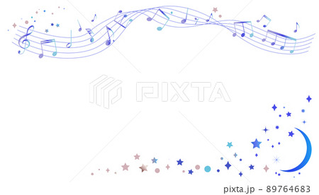夜空をイメージした楽譜のフレームイラスト　　五線譜　背景イラスト　音符、休符、音楽記号のイラスト 89764683