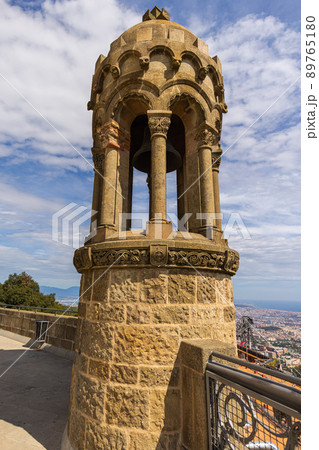 Barcelona, Spain - September 23, 2021: On the roof of the Church of the Sacred Heart of Jesus. A minor basilica located on the summit of Mount Tibidabo. Combining Gothic and classical elements. Barcelona, Spain - September 23, 2021: On the roof of the Church of the Sacred Heart of Jesus. A minor basilica located on the summit of Mount Tibidabo. Combining Gothic and classical elements. 89765180