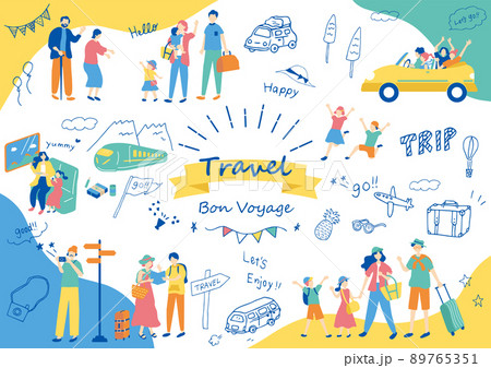 旅行をする人達と可愛らしい手描きイラストセット 旅行をする人達と可愛らしい手描きイラストセット 89765351