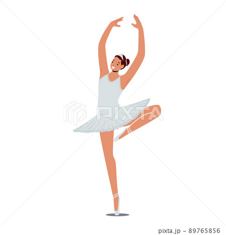 Girl Training in Ballet School. Happy Young Woman in Tutu and Pointe Shoes Stand in Position with Raised Arms and Leg 89765856