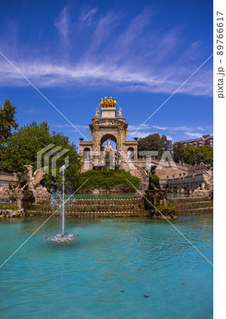 Barcelona, Spain - September 20, 2021: View of the fountain from Parc de la Ciutadella. A small lake, museums, and a large fountain designed by Josep Fontsere. The grounds include the city zoo 89766617