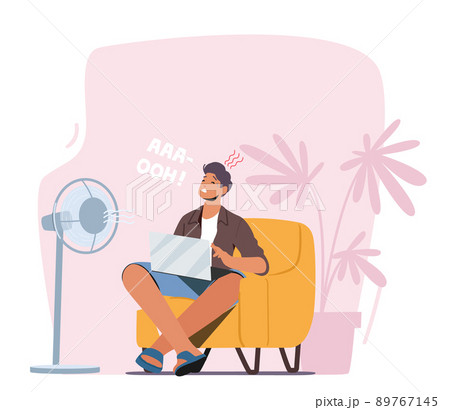 Summer Time Hot Period Concept. Sweltering in Heat Male Character Sitting on Sofa Trying to Work under Fan or Ventilator 89767145