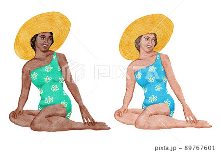 Watercolor illustration of women girls on the beach, white and African female models, summer swimwear swinsuit. Tropical holiday vacation summertime life, sea ocean getaway, leisure sunbathing concept 89767601