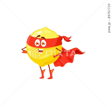 Cute cartoon lemon fruit, superhero character, vector food power. Lemon fruit in super hero red cape costume and mask, kids organic natural food and vitamins superpower 89767720