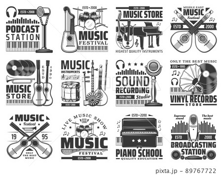 Music isolated vector icons with musical instruments, microphones, vinyl records and notes. Guitar, piano, drum, headphones and retro gramophone, tube, flute, lute and saz, harp guitar and shamisen 89767722