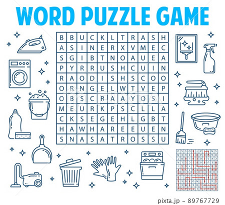 Housing, washing and cleaning tools, word search puzzle game, vector worksheet quiz grid. Kids education riddle game to search and find words of washer, gloves and bucket with vacuum cleaner and iron 89767729