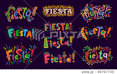 Fiesta Party, mexican, spanish and chile holiday carnival, vector celebration greetings. Latin America and hispanic fiesta party lettering with confetti and colorful flag with mexican pattern ornament 89767730