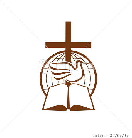 Symbol of christianity with globe, Bible book and dove. Christian religion, church or mission outline vector sign. Christian community emblem with sacred symbols and globe 89767737