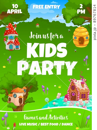 Kids party vector flyer with fairytale mushroom, beehive, caramel and nest dwellings. Cartoon houses and huts in forest, fairy dwarf or elf home shelters in mushroom amanita or gingerbread cookie Kids party vector flyer with fairytale mushroom, beehive, caramel and nest dwellings. Cartoon houses and huts in forest, fairy dwarf or elf home shelters in mushroom amanita or gingerbread cookie 89767814