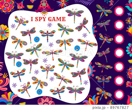 I spy game, count activity worksheet with bright mexican dragonflies. Kids intelligence test, kindergarten child puzzle or playing activity vector worksheet with insects and mexican ornaments I spy game, count activity worksheet with bright mexican dragonflies. Kids intelligence test, kindergarten child puzzle or playing activity vector worksheet with insects and mexican ornaments 89767827