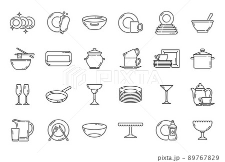 Kitchen plates, dishes and utensil outline icons, vector dishware, tableware, kitchenware thin line symbols. Kitchen glassware items, saucepan and frying pan, teapot with cups and noodle bowl icon Kitchen plates, dishes and utensil outline icons, vector dishware, tableware, kitchenware thin line symbols. Kitchen glassware items, saucepan and frying pan, teapot with cups and noodle bowl icon 89767829