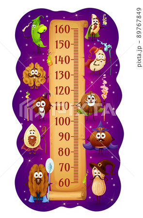 Kids height chart, wizard and magician cartoon nuts and legumes. Vector growth measure meter wall sticker. Magical walnut, peanut, hazelnut and bean, macadamia, cashew, brazilian and pecan characters 89767849
