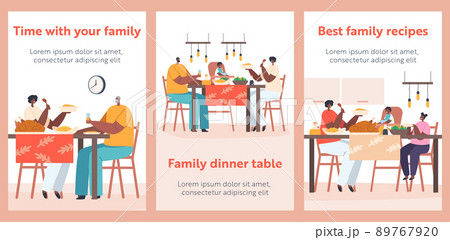 Happy Modern African Family Characters Eating Meal Banners. Mother, Father, Granny and Kids Have Dinner Around Table 89767920