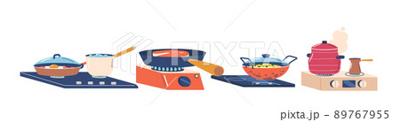 Set of Tableware Stand Hot Gas or Electric Ovens. Frying Pan with Meat, Cezve with Coffee, Ladle with Boiling Water Set of Tableware Stand Hot Gas or Electric Ovens. Frying Pan with Meat, Cezve with Coffee, Ladle with Boiling Water 89767955