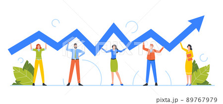 Business Team Characters Holding Up Zig-zag Arrow Symbol. Teamwork, Financial Success or Crisis, Investment Concept Business Team Characters Holding Up Zig-zag Arrow Symbol. Teamwork, Financial Success or Crisis, Investment Concept 89767979