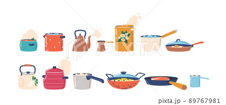 Set of Tableware, Hot Saucepans with Soup or Boiling Water, Kettle or Pot with Tea, Steaming Cook Pans, Frying Pan Set of Tableware, Hot Saucepans with Soup or Boiling Water, Kettle or Pot with Tea, Steaming Cook Pans, Frying Pan 89767981