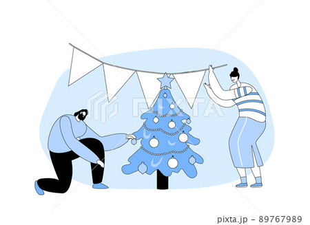Merry Christmas and Happy Holidays. Man and Woman Couple Decorate Christmas Tree Indoors Put Balls on Spruce 89767989