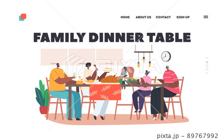 African People Dinner Around Table Landing Page Template. Modern Family Characters Mother, Father, Granny and Kids Eat 89767992