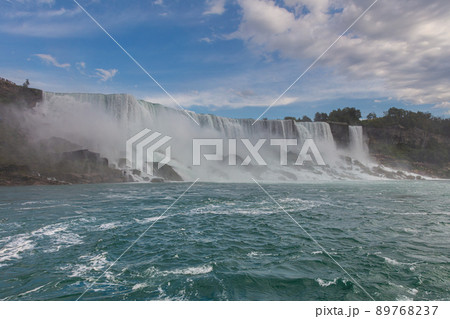 View of the impressive Niagara Falls. US falls from the Canadian side of Niagara. Massive water falls under the cloudy sky. Spume of the splashing water of the falling water 89768237