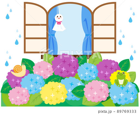 紫陽花　窓辺　てるてる坊主　ベクターイラスト 89769333