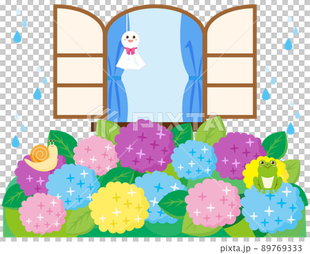 紫陽花　窓辺　てるてる坊主　ベクターイラスト 89769333