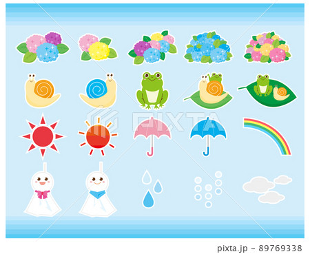 かわいいカエルとカタツムリ 紫陽花 イラストセット かわいいカエルとカタツムリ 紫陽花 イラストセット 89769338