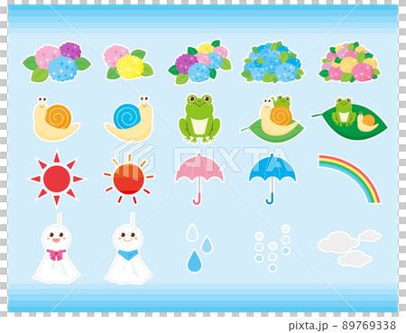 かわいいカエルとカタツムリ 紫陽花 イラストセット かわいいカエルとカタツムリ 紫陽花 イラストセット 89769338