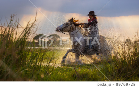 Cowboys riding horses beside the river and lifestyle with natural light background. Cowboys riding horses beside the river and lifestyle with natural light background. 89769728