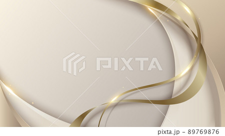3D modern luxury template design white, light brown curved shapes and golden ribbon glitter wave line light sparking on clean background 89769876
