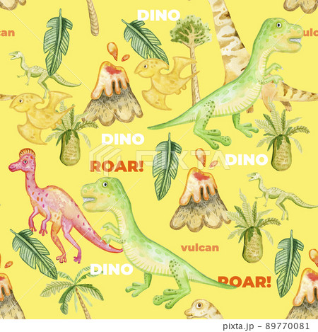 Cute dinosaurs in the tropical leaves of monstera and palm trees. Seamless watercolor pattern on a white background for print, textile, fabric 89770081