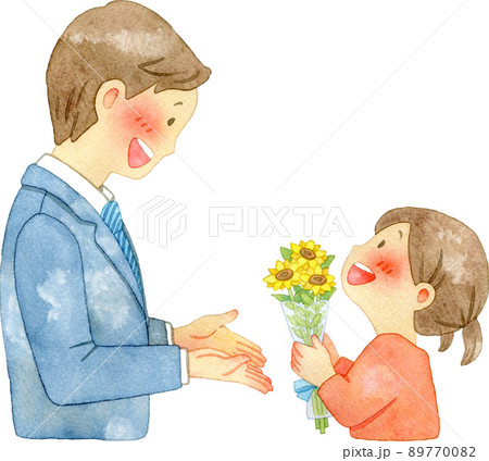 ヒマワリを贈る子供と喜ぶ父親のイラスト【父の日】 89770082