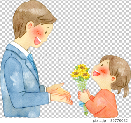 ヒマワリを贈る子供と喜ぶ父親のイラスト【父の日】 89770082