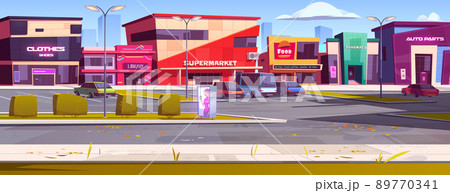 City street with shops, cafe and car parking City street with shops, cafe and car parking 89770341