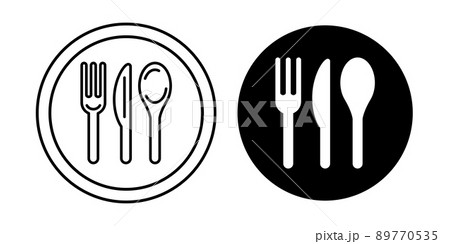 お皿とナイフ、フォークとスプーンの飲食店マークのベクターイラスト素材 89770535