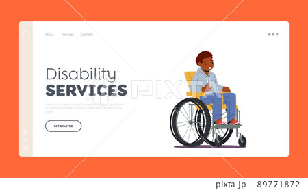 Disability Services Landing Page Template. African Disabled Boy Sitting in Wheelchair. Paralyzed Handicapped Person Disability Services Landing Page Template. African Disabled Boy Sitting in Wheelchair. Paralyzed Handicapped Person 89771872