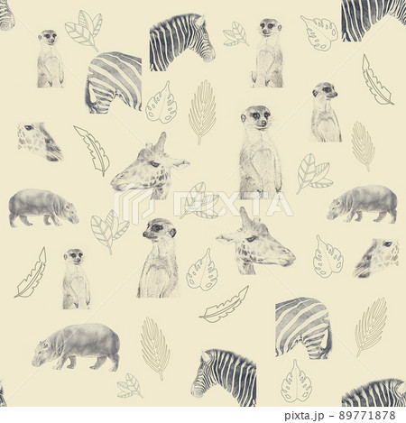 Sketches Of Zebra, Meerkat, Giraffe and Hippo Seamless Pattern 89771878