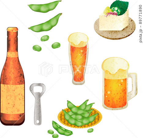 夏　ビール　生ビール　つまみ　お酒　ジョッキ　グラス　水彩　手描き　アナログタッチ　イラストセット 89771890