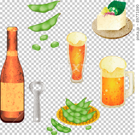 夏　ビール　生ビール　つまみ　お酒　ジョッキ　グラス　水彩　手描き　アナログタッチ　イラストセット 89771890