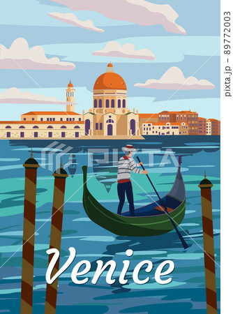 Venice Italia Poster retro style. Grand Canal, gondolier, architecture, vintage card. Vector illustration postcard 89772003