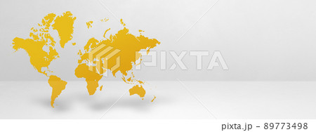 Yellow world map on white wall background. 3D illustration. Horizontal banner 89773498
