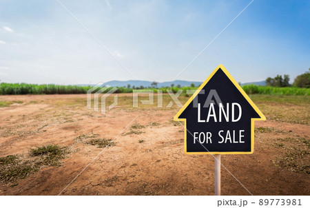 land for sale sign against trimmed lawn background. Empty dry cracked swamp reclamation soil, land plot for housing construction project in rural area and beautiful blue sky land for sale sign against trimmed lawn background. Empty dry cracked swamp reclamation soil, land plot for housing construction project in rural area and beautiful blue sky 89773981