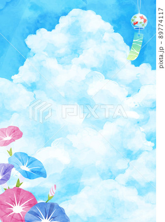朝顔と入道雲と風鈴の夏のベクターイラスト水彩背景 朝顔と入道雲と風鈴の夏のベクターイラスト水彩背景 89774117